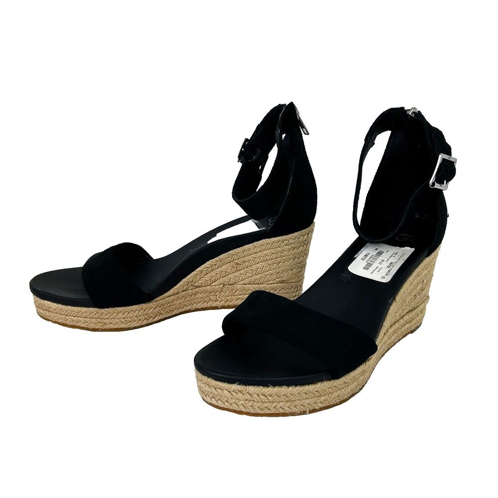 NWT UGG Aylani Wedge Sandals Espadrilles Strappy Open Toe Heels Black Suede sz 9 - Picture 2 of 14